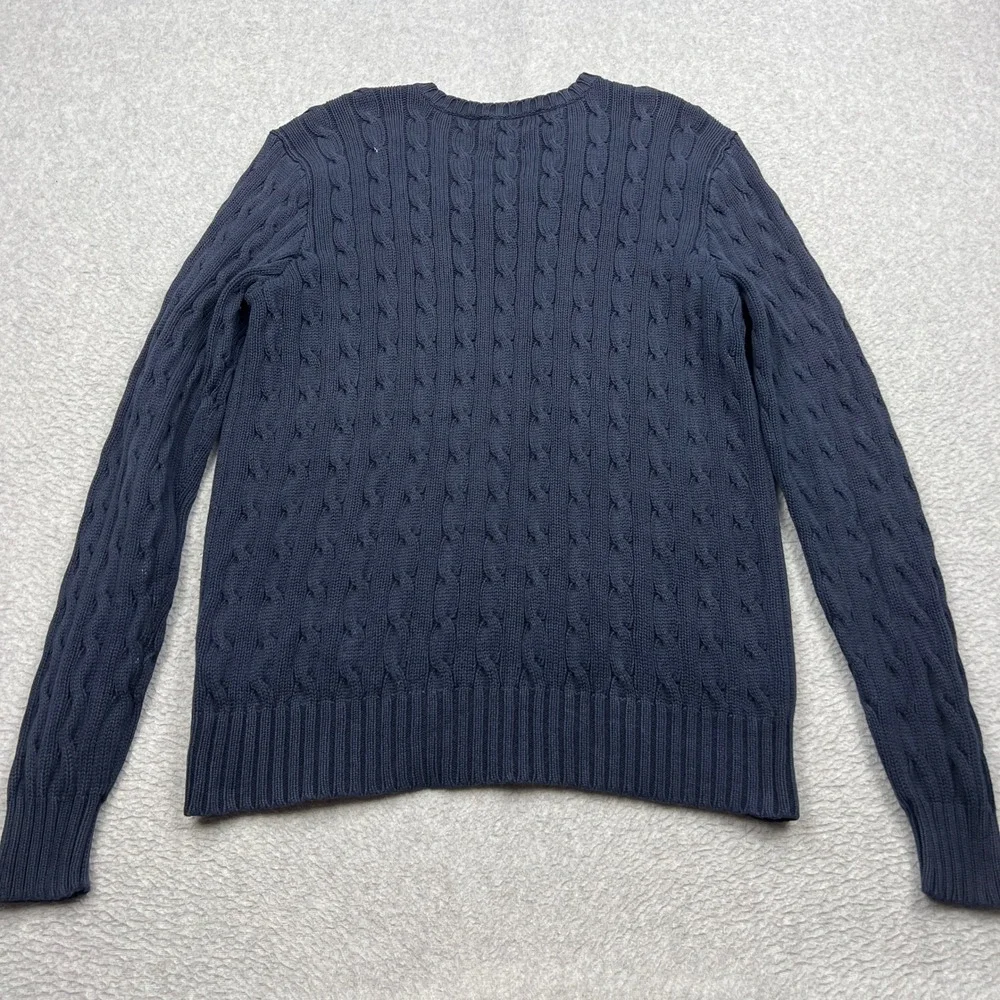 VTG Polo Ralph Lauren Cable Knit Sweater Mens Small Blue V-Neck Cotton Pullover